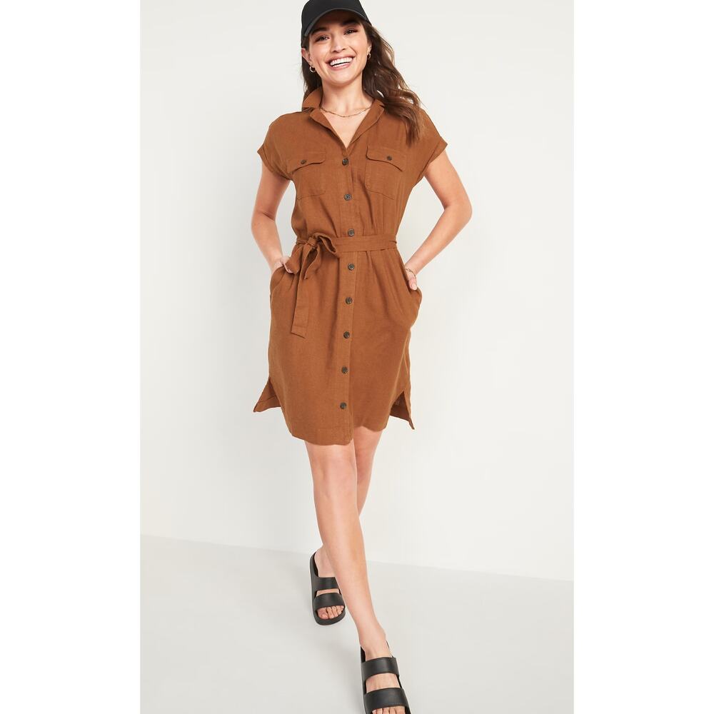 Old Navy Linen-Blend Button Front Shirt Belted Dress Brown Women’s Small Shape